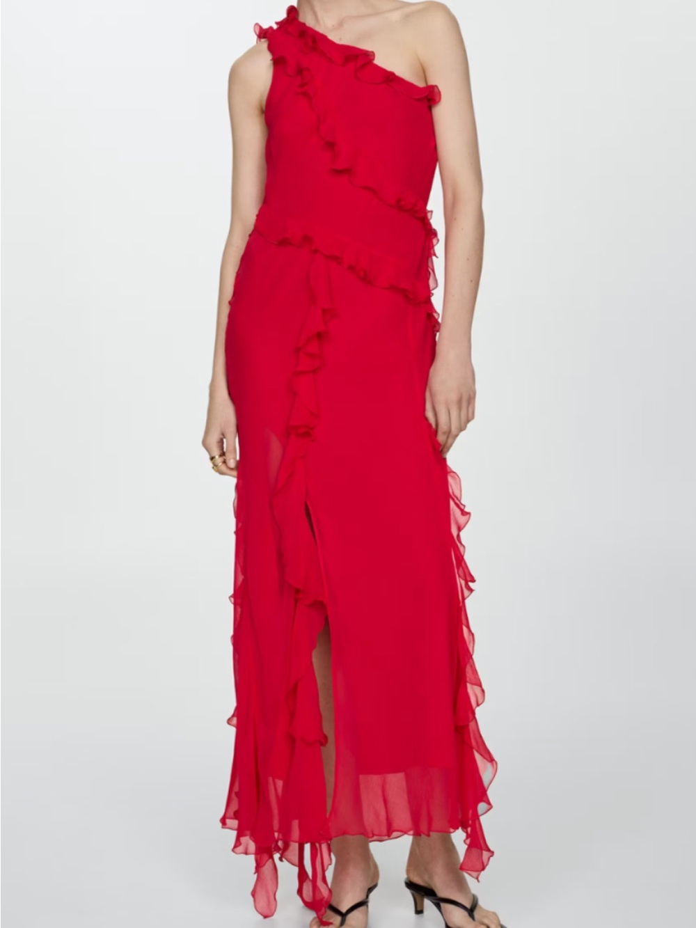 Mango One-Shoulder Red Ruffle Maxi Dress